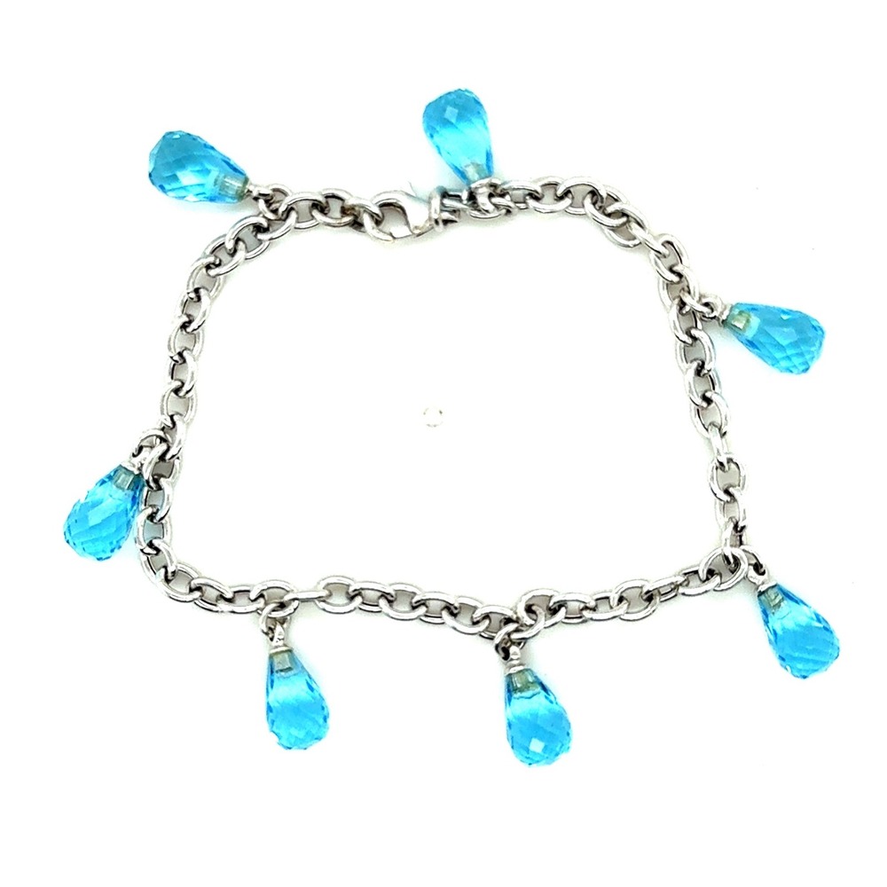 14k White Gold Blue Topaz Teardrop Charm Bracelet 7 Inch 7g Faceted Dangle